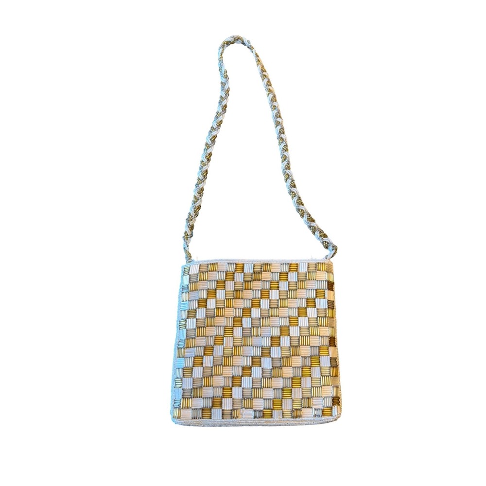 MA Evening Bag Gold Silver White Beaded Checkered Handmade Vintage Shoulder Bag